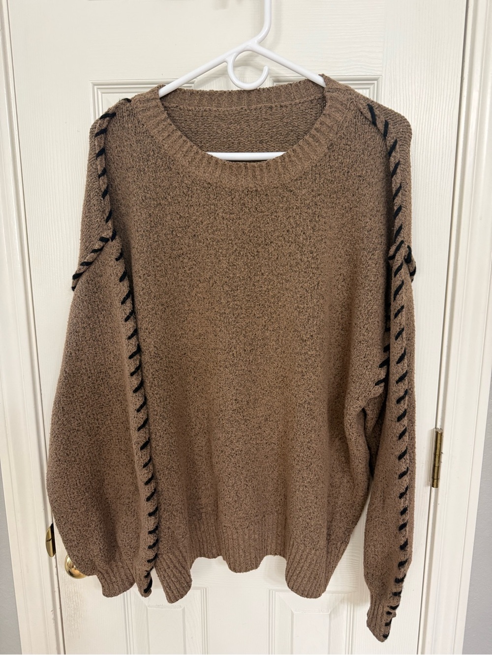 Women's Taupe Crewneck Sweater with Black Whipstitch Detail